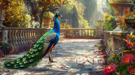 Elegant peacock walking along a stone pathway, with its feathers creating a colorful trail against the backdrop of a well-kept gardenの素材