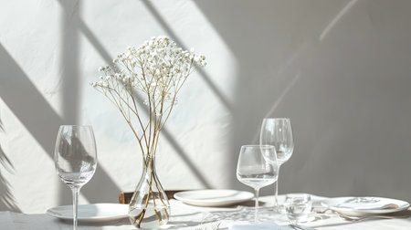 Contemporary dining table setup with minimalist design, sleek tableware, and a stylish vase holding a bouquet of seasonal flowersの素材