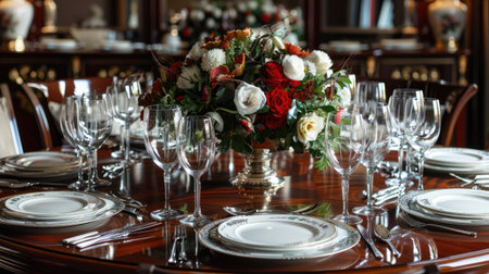 Elegant dining table with a rich mahogany finish, silver cutlery, and a grand floral centerpiece for a sophisticated mealの素材