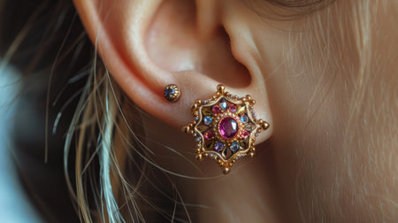 Elegant ear featuring delicate gemstone stud earrings, highlighting their vibrant color and intricate setting against a neutral backgroundの素材