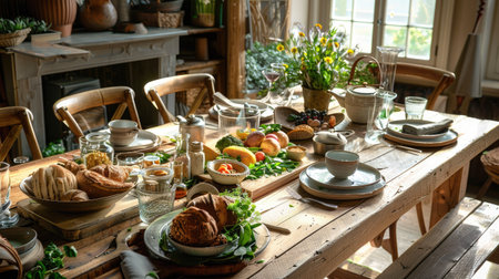 Farmhouse-style dining table with a rustic wooden finish, vintage crockery, and a spread of hearty home-cooked dishes and baked goodsの素材