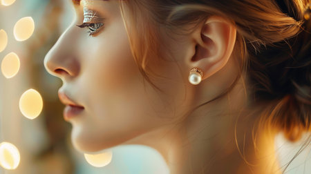 Elegant ear adorned with classic pearl stud earrings, perfectly complementing a formal outfit in a softly lit environmentの素材
