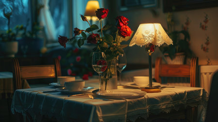 Intimate dining table set for two with a romantic tablecloth, a vase of red roses, and soft lighting creating a warm ambianceの素材
