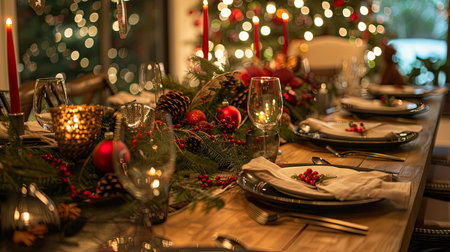 Festive dining table decorated for a holiday meal, complete with elegant table settings, holiday-themed centerpieces, and candlesの素材