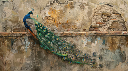 Graceful peacock perched on a stone wall, with its colorful tail feathers hanging down and creating a beautiful contrast with the ancient stoneworkの素材