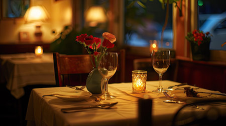 Intimate dining table with a romantic ambiance, featuring soft lighting, a small vase of fresh flowers, and a simple yet elegant meal setupの素材