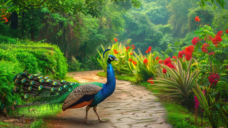 Elegant peacock walking along a picturesque pathway, with its colorful plumage adding a vibrant touch to the scenic surroundingsの素材