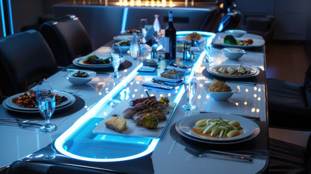 High-tech dining table with futuristic design elements, sleek, modern dishware, and a contemporary spread of gourmet dishesの素材