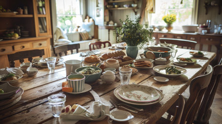 Farmhouse-style dining table with a rustic wooden finish, vintage crockery, and a spread of hearty home-cooked dishes and baked goodsの素材