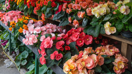 Khun Nai's begonias in various shades, creating a beautiful and colorful display.の素材