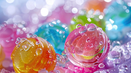 Macro shot of colorful hard candies with sparkling sugar crystals, captured in a bright and cheerful setting. Perfect for sweet and festive themes.の素材