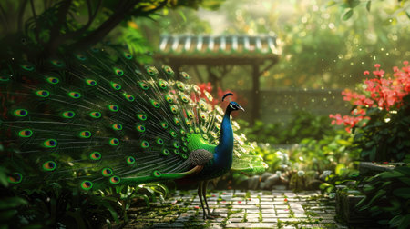 Majestic peacock in a lush garden, with its tail feathers elegantly spread out and creating a stunning visual contrast against the greeneryの素材