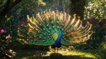 Majestic peacock displaying its vibrant, iridescent tail feathers in full spread, showcasing the dazzling blues and greens against a lush garden backdropの素材