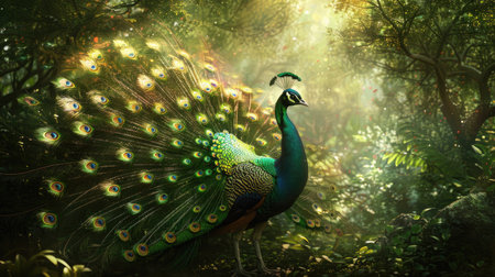 Majestic peacock in a lush forest, with its feathers fanned out and creating a vibrant splash of color amidst the green foliageの素材
