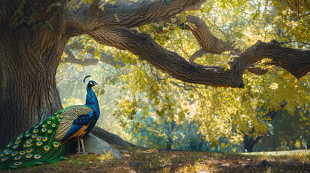 Serene scene of a peacock resting under the shade of a large tree, its vibrant feathers partially spread out and blending with the natural surroundingsの素材