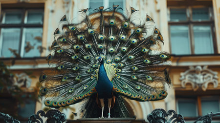 Majestic peacock displaying its feathers in front of a historic building, blending its vibrant colors with the classic architectureの素材