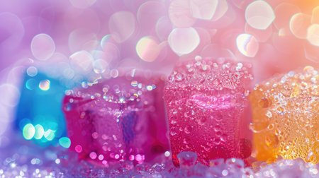 Macro shot of colorful hard candies with sparkling sugar crystals, captured in a bright and cheerful setting. Perfect for sweet and festive themes.の素材