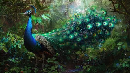 Majestic peacock in a lush forest, with its feathers fanned out and creating a vibrant splash of color amidst the green foliageの素材