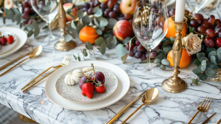 Luxe dining table with an extravagant marble surface, gold cutlery, and an opulent arrangement of seasonal fruits and gourmet dishesの素材