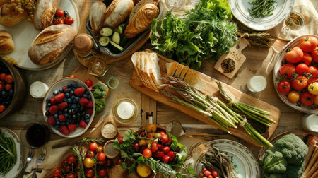 Rustic dining table with a farm-to-table spread, featuring fresh vegetables, artisanal bread, and a wooden serving platterの素材
