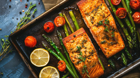 Top view of a baked salmon fillet with a honey mustard glaze, served with roasted asparagus and cherry tomatoes. Ideal for gourmet and healthy dinner ideas.の素材