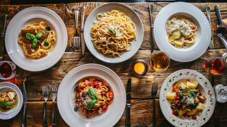 Top view of a beautifully arranged pasta menu featuring various dishes like spaghetti carbonara, penne arrabbiata, and fettuccine Alfredo, displayed on a wooden table with rustic decor.の素材