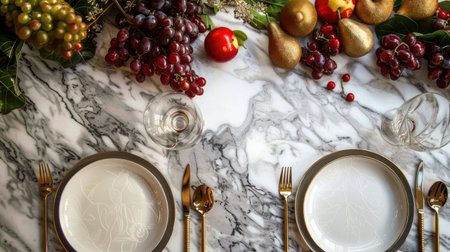 Luxe dining table with an extravagant marble surface, gold cutlery, and an opulent arrangement of seasonal fruits and gourmet dishesの素材