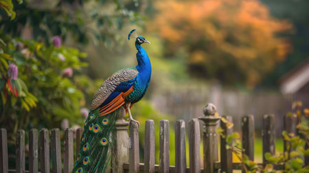 Majestic peacock perched on a garden fence, with its feathers gracefully draping down and creating a stunning visual effect against the greeneryの素材