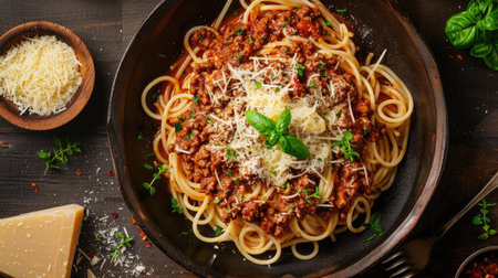 Overhead shot of spaghetti Bolognese, with rich meat sauce, topped with fresh herbs and grated cheese, on a dark wooden background.の素材