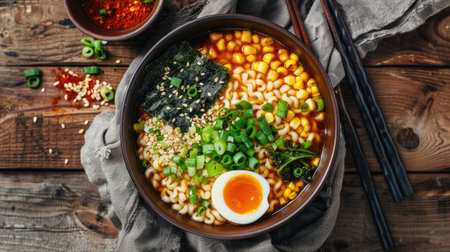 Top view of a bowl of miso ramen with soft-boiled egg, corn, green onions, and nori on a wooden table.の素材