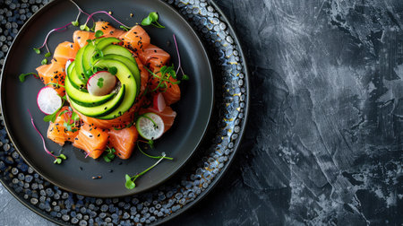 Top view of a beautifully arranged salmon tartare with avocado, cucumber, and radish slices on a stylish plate. Ideal for fine dining and elegant presentation themes.の素材