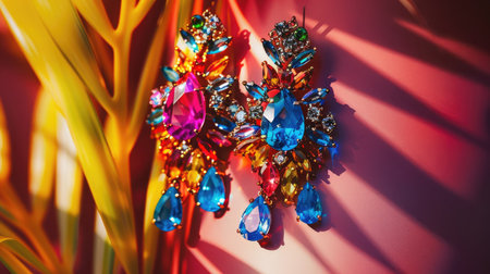 Stylish ear featuring bold, colorful gemstone earrings, capturing their vibrant hues and intricate design against a clean backgroundの素材