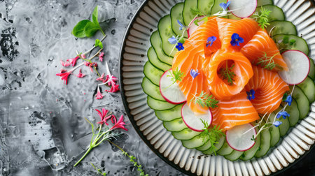 Top view of a beautifully arranged salmon sashimi plate with cucumber ribbons, radish slices, and edible flowers. Perfect for artistic and elegant food presentations.の素材