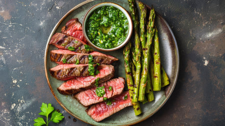 Top view of a beef steak sliced and arranged on a plate, served with a side of chimichurri sauce and grilled asparagus. Suitable for elegant and flavorful dining themes.の素材