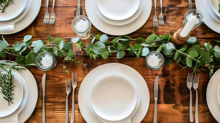 Minimalist dining table setup with clean lines, simple tableware, and a touch of greenery for a fresh, uncluttered lookの素材