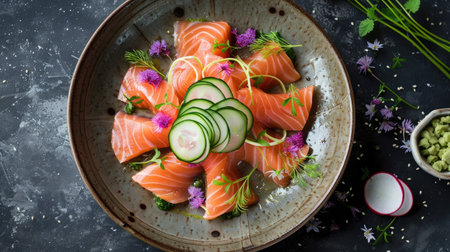 Top view of a beautifully arranged salmon sashimi plate with cucumber ribbons, radish slices, and edible flowers. Perfect for artistic and elegant food presentations.の素材