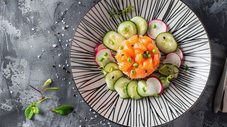 Top view of a beautifully arranged salmon tartare with avocado, cucumber, and radish slices on a stylish plate. Ideal for fine dining and elegant presentation themes.の素材