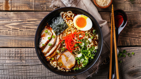Top view of a bowl of ramen noodles with sliced pork, soft-boiled egg, green onions, and nori seaweed on a wooden table.の素材
