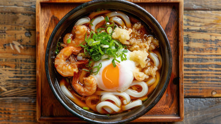 Top view of a bowl of udon noodles in a savory broth with tempura shrimp, scallions, and a poached egg.の素材