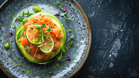 Top view of a beautifully arranged salmon and avocado tartare with lime zest and microgreens on a stylish plate. Perfect for gourmet and elegant dining themes.の素材