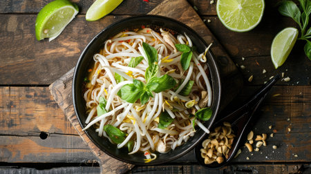Top view of a bowl of chicken pho noodles with bean sprouts, basil, and lime wedges on a wooden table.の素材