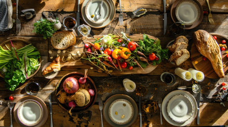 Rustic dining table with a farm-to-table spread, featuring fresh vegetables, artisanal bread, and a wooden serving platterの素材