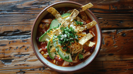 Top view of a classic bowl of chicken tortilla soup, topped with avocado, cheese, and tortilla strips, on a wooden tableの素材