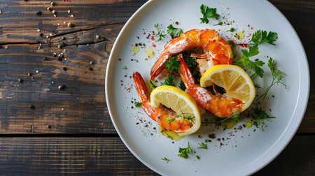 Top view of a beautifully plated shrimp steak garnished with fresh herbs and lemon slices on a white plate. The vibrant colors contrast with a dark wooden table.の素材
