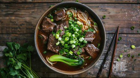 Top view of a bowl of beef noodle soup with bok choy, green onions, and cilantro on a wooden table.の素材