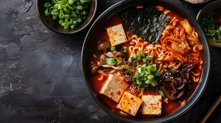 Top view of a bowl of kimchi ramen with tofu, mushrooms, green onions, and nori on a dark background.の素材