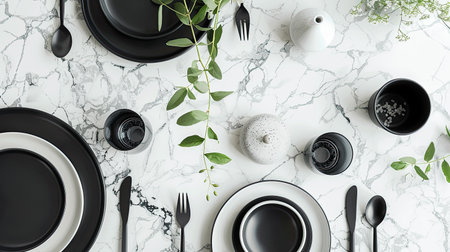 Stylish dining table with a monochrome theme, featuring black and white tableware, minimalist decor, and a touch of greeneryの素材