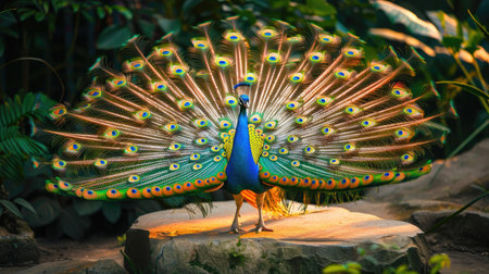 Stunning peacock in a tranquil garden setting, with its tail feathers fully extended and showcasing their vibrant colors and intricate patternsの素材