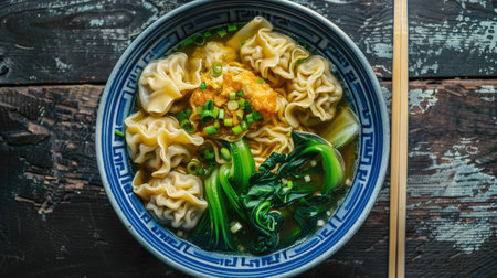 Top view of a bowl of wonton noodles with dumplings, bok choy, and green onions in a clear broth.の素材