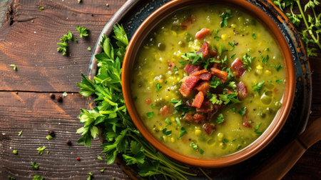 Top view of a bowl of split pea soup, garnished with crispy bacon and fresh herbs, on a rustic wooden tableの素材